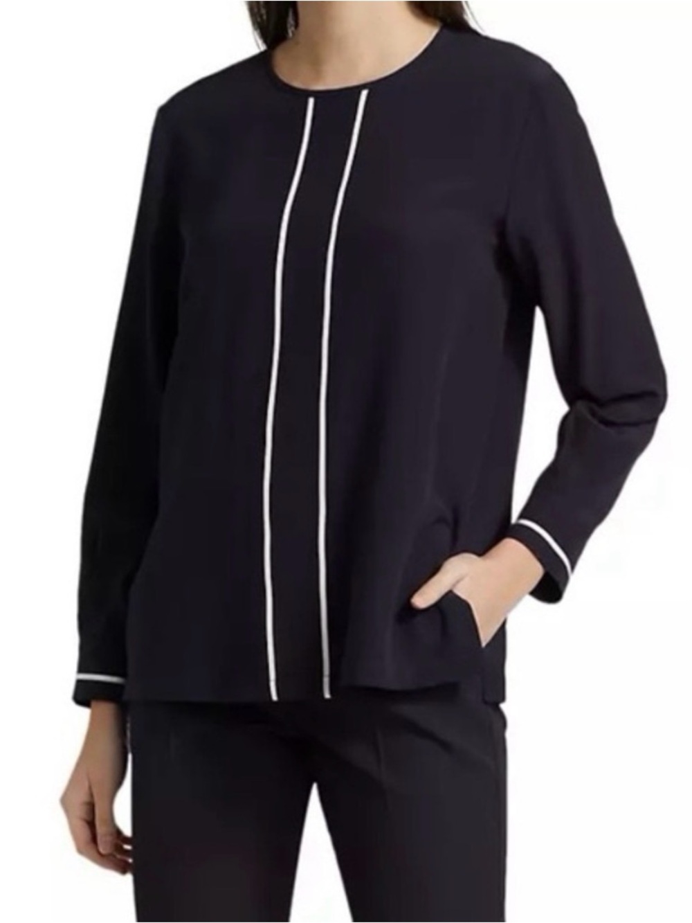 Max Mara Filovia Silk Navy Blue Blouse with White Contrast